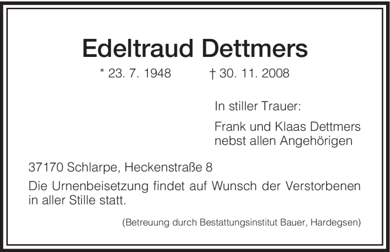  Traueranzeige für Edeltraud Dettmers vom 08.12.2008 aus HNA