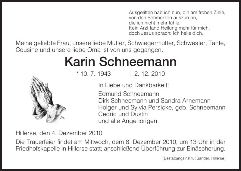  Traueranzeige für Karin Schneemann vom 04.12.2010 aus HNA