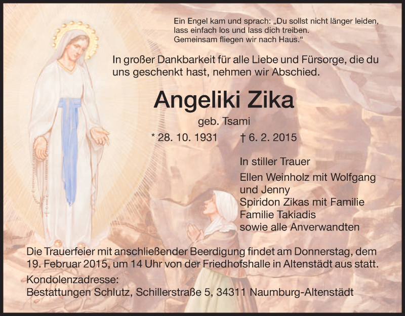  Traueranzeige für Angeliki Zika vom 14.02.2015 aus HNA