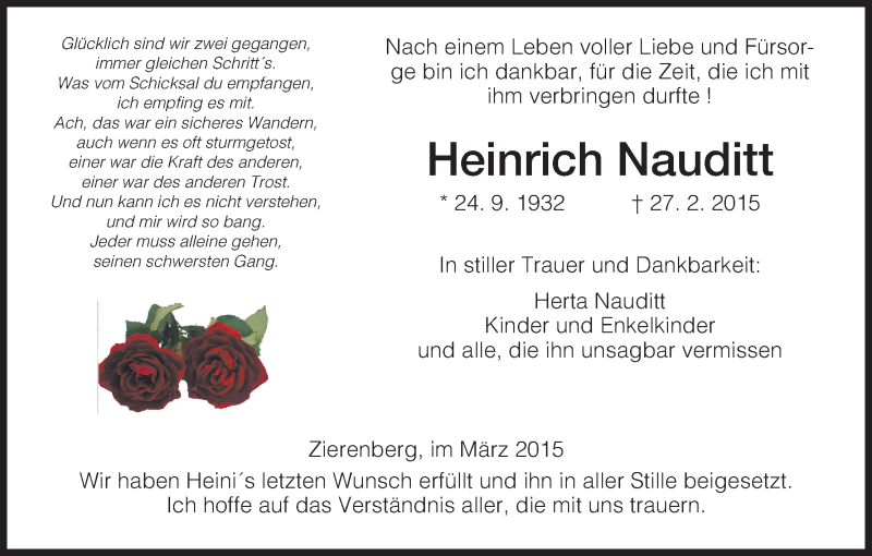  Traueranzeige für Heinrich Nauditt vom 07.03.2015 aus HNA