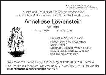 Traueranzeige von Anneliese Löwenstein von HNA