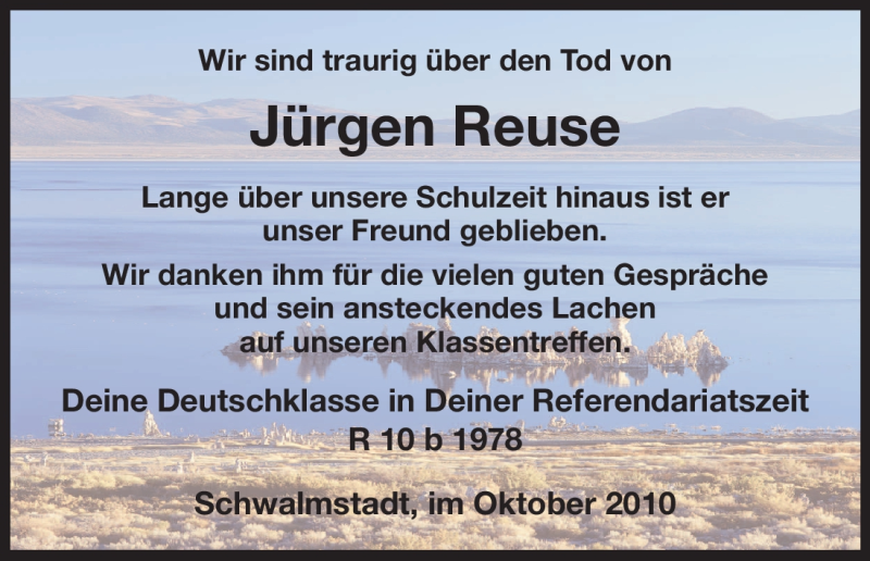 Traueranzeige für Jürgen Reuse vom 30.10.2010 aus HNA