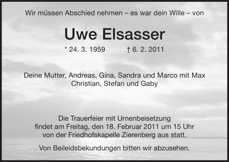  Traueranzeige für Uwe Elsasser vom 12.02.2011 aus HNA