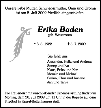 Traueranzeige von Erika Baden von HNA