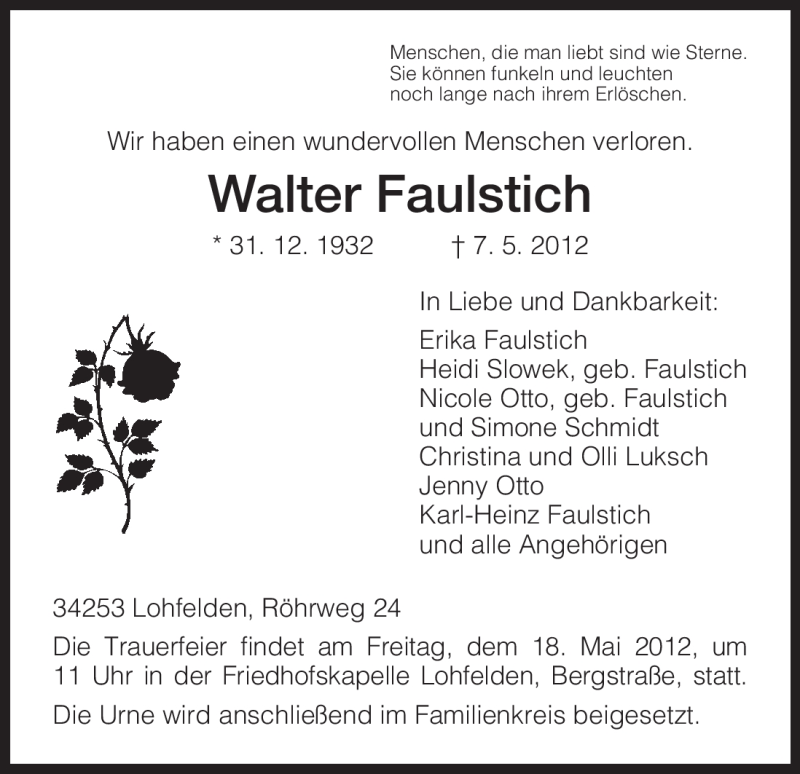  Traueranzeige für Walter Faulstich vom 12.05.2012 aus HNA