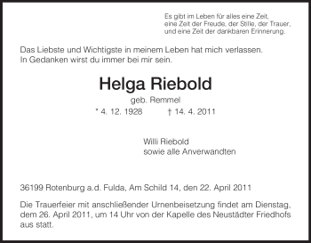 Traueranzeige von Helga Riebold von HNA