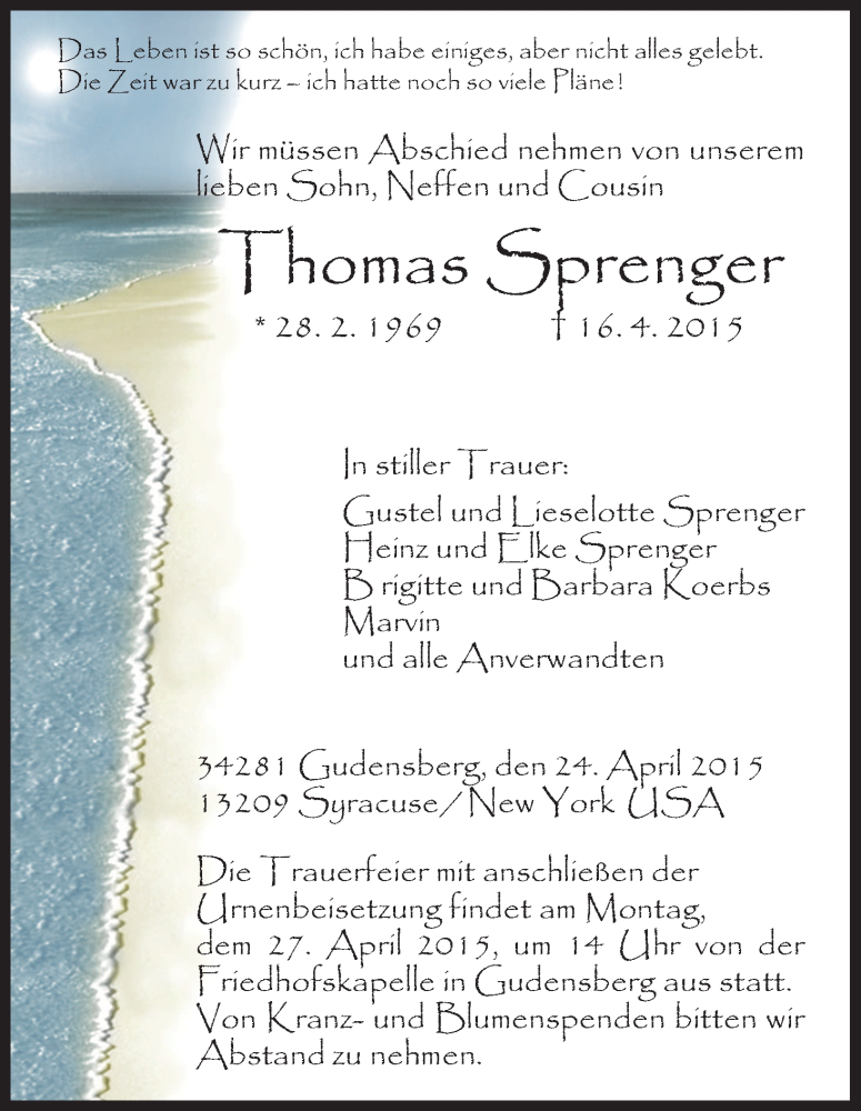  Traueranzeige für Thomas Sprenger vom 24.04.2015 aus HNA