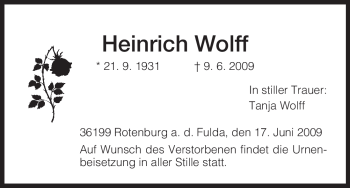 Traueranzeige von Heinrich Wolff von HNA