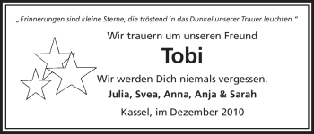 Traueranzeige von Tobi Unbekannt von HNA