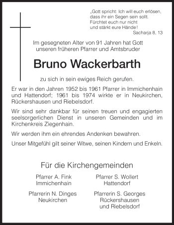 Traueranzeige von Bruno Wackerbarth von HNA
