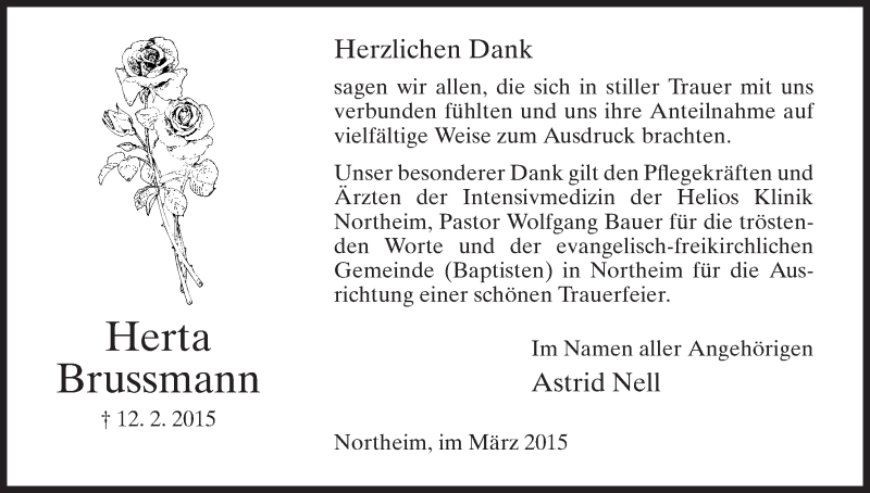  Traueranzeige für Herta Brussmann vom 07.03.2015 aus HNA