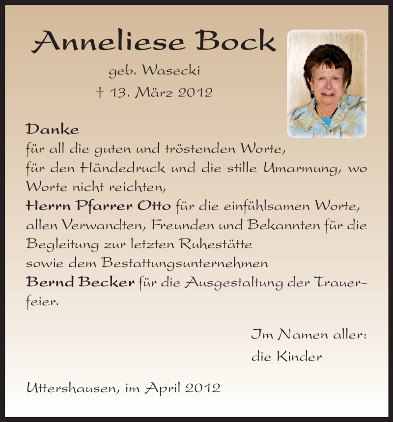  Traueranzeige für Anneliese Bock vom 28.04.2012 aus HNA