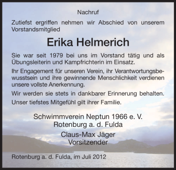 Traueranzeige von Erika Helmerich von HNA