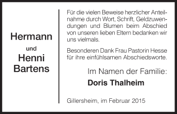 Traueranzeige von Hermann und Henni Bartens von HNA