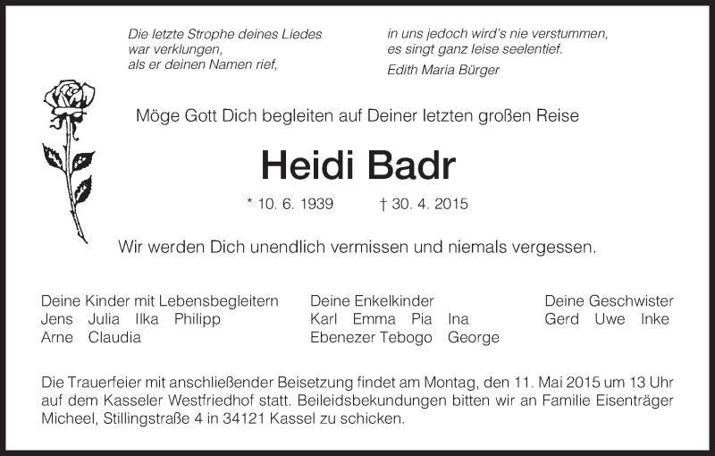  Traueranzeige für Heidi Badr vom 08.05.2015 aus HNA