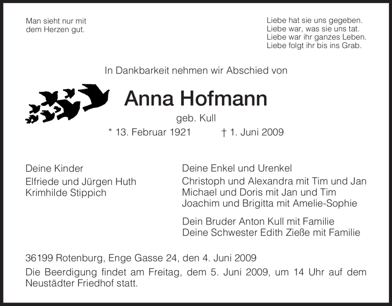 Traueranzeige für Anna Hofmann vom 04.06.2009 aus HNA