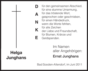 Traueranzeige von Helga Junghans von HNA