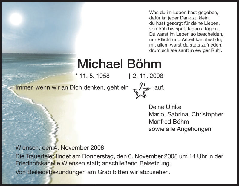  Traueranzeige für Michael Böhm vom 04.11.2008 aus HNA
