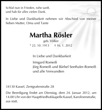 Traueranzeigen von Martha Rösler | Trauer.HNA.de