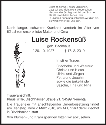 Traueranzeige von Luise Rockensüß von HNA