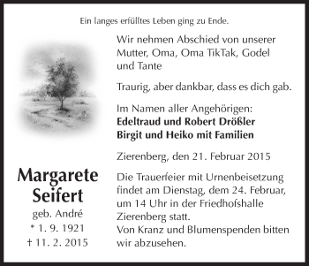Traueranzeige von Margarete Seifert von HNA