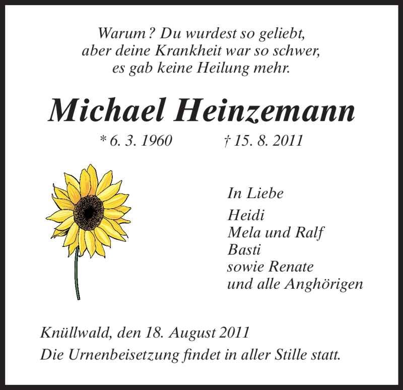  Traueranzeige für Michael Heinzemann vom 18.08.2011 aus HNA
