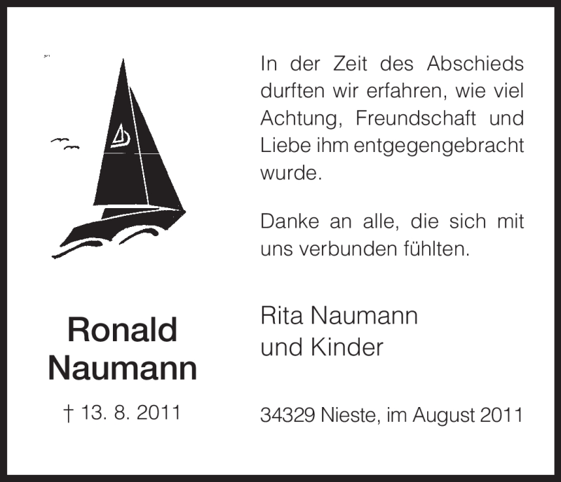  Traueranzeige für Ronald Naumann vom 31.08.2011 aus HNA