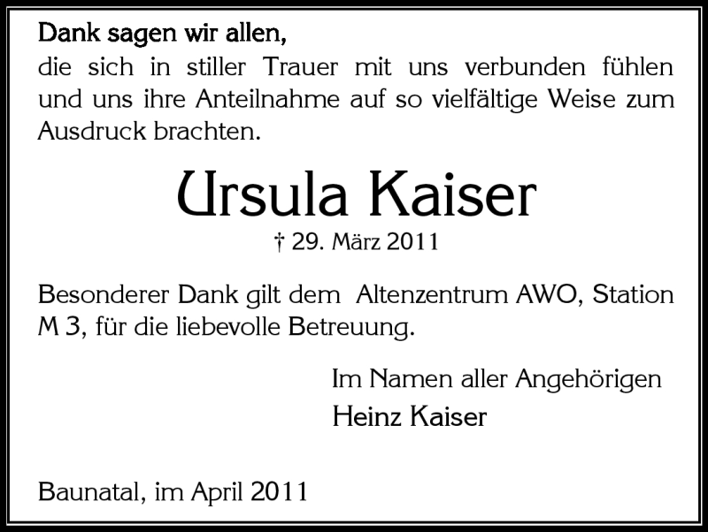  Traueranzeige für Ursula Kaiser vom 16.04.2011 aus HNA