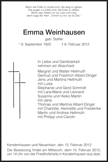 Traueranzeige von Emma Weinhausen von HNA