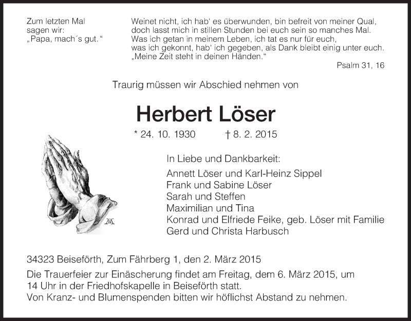  Traueranzeige für Herbert Löser vom 02.03.2015 aus HNA