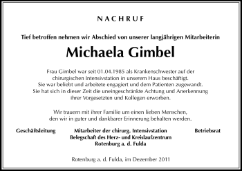 Traueranzeige von Michaela Gimbel von HNA