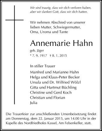 Traueranzeige von Annemarie Hahn von HNA