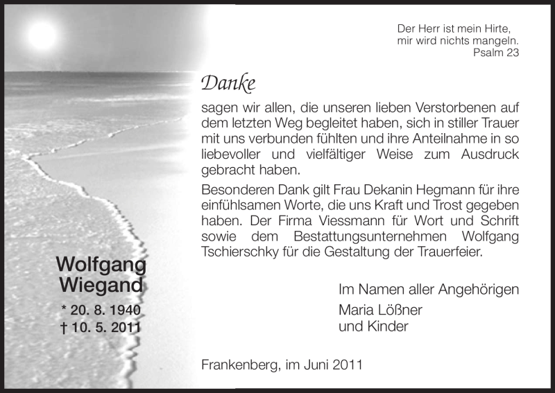  Traueranzeige für Wolfgang Wiegand vom 11.06.2011 aus HNA