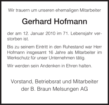 Traueranzeige von Gerhard Hofmann von HNA