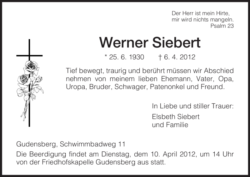  Traueranzeige für Werner Siebert vom 07.04.2012 aus HNA