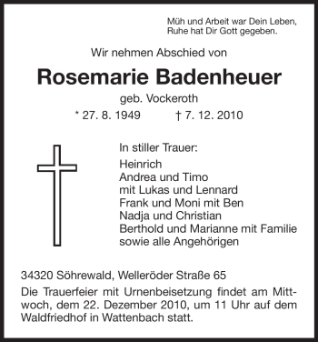 Traueranzeige von Rosemarie Badenheuer von HNA