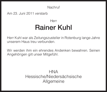 Traueranzeige von Rainer Kuhl von HNA