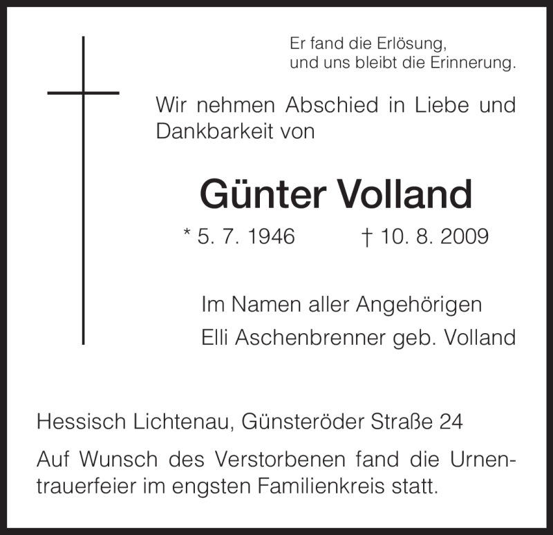 Traueranzeige für Günter Volland vom 05.09.2009 aus HNA