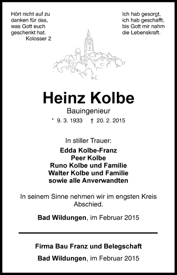 Traueranzeige von Heinz Kolbe von HNA