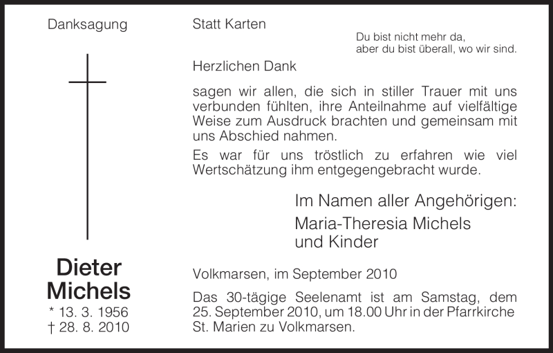  Traueranzeige für Dieter Michels vom 18.09.2010 aus HNA