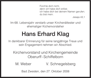Traueranzeige von Hans Erhard Klag von HNA