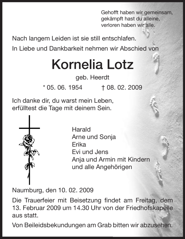  Traueranzeige für Kornelia Lotz vom 10.02.2009 aus HNA