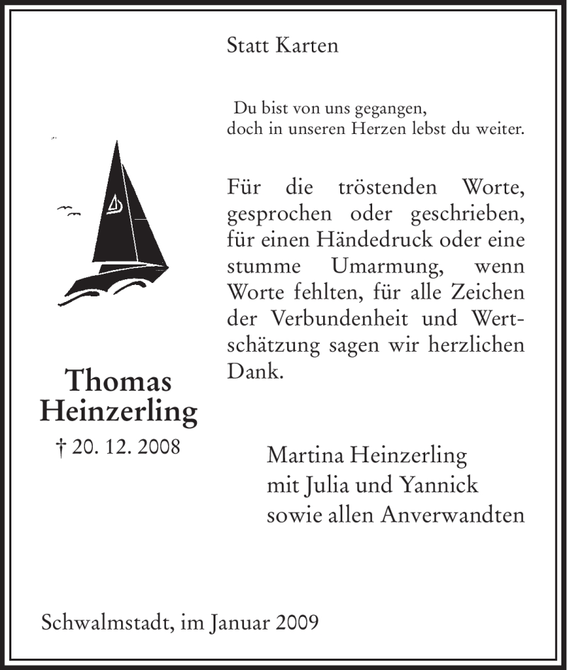  Traueranzeige für Thomas Heinzerling vom 07.01.2009 aus HNA