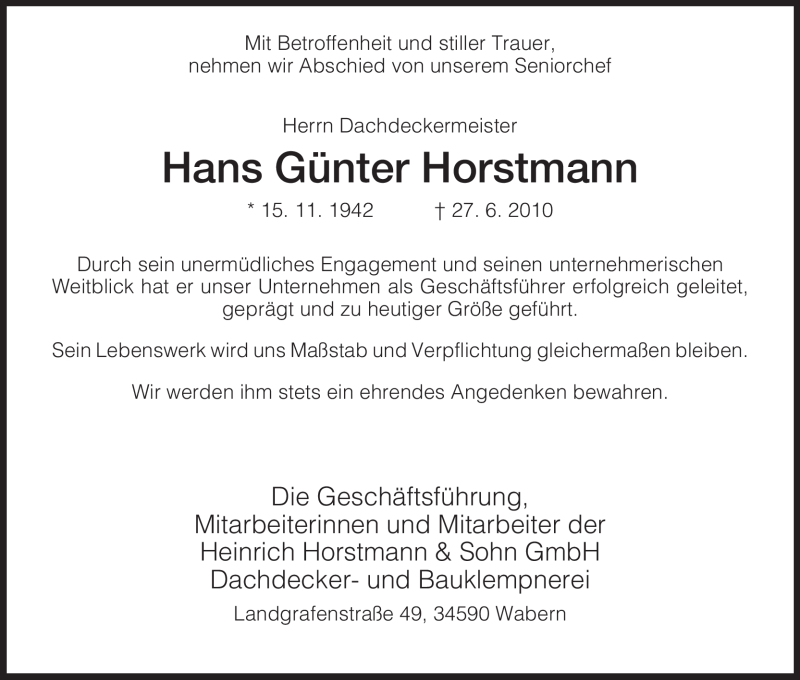  Traueranzeige für Hans Günter Horstmann vom 29.06.2010 aus HNA