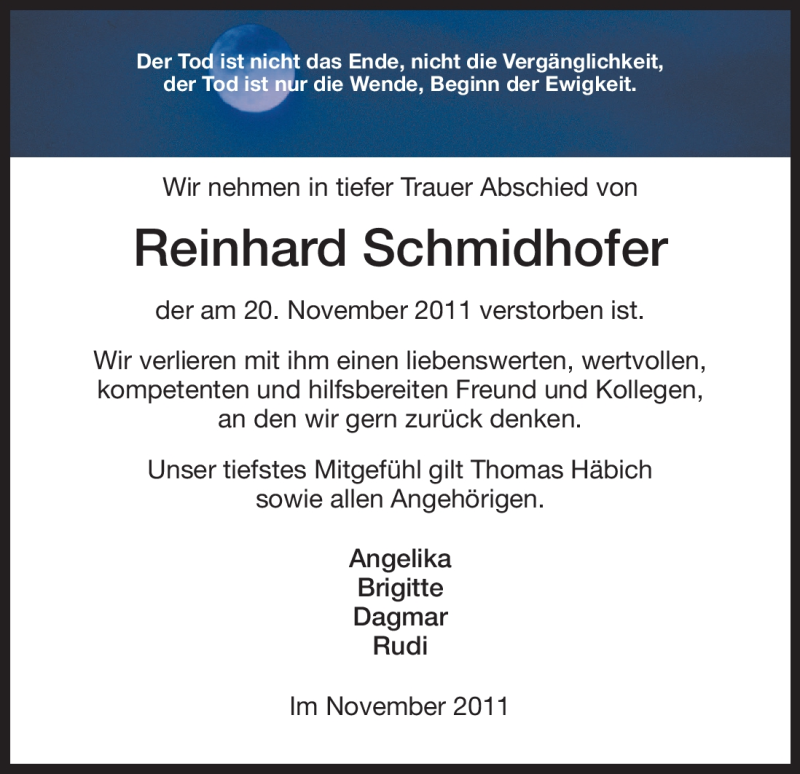  Traueranzeige für Reinhard Schmidhofer vom 30.11.2011 aus HNA