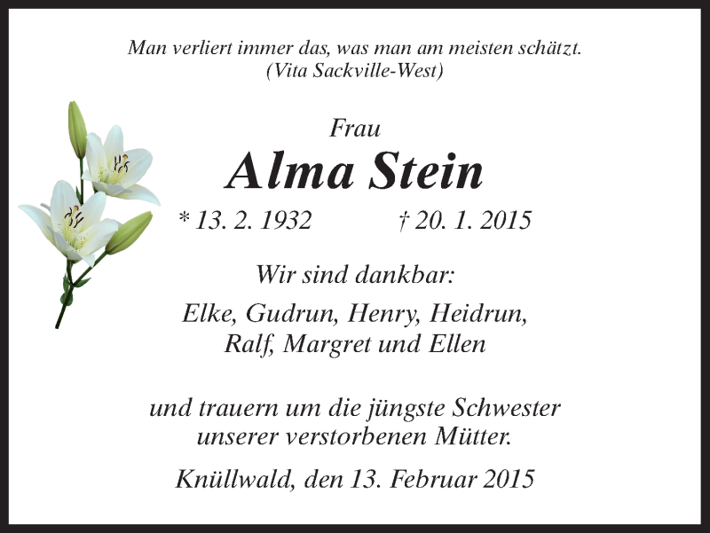  Traueranzeige für Alma Stein vom 13.02.2015 aus HNA