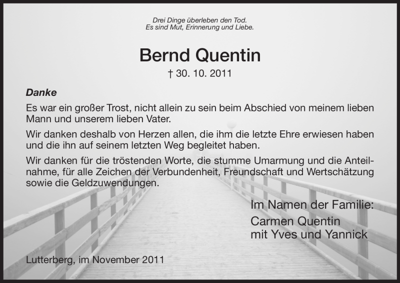  Traueranzeige für Bernd Quentin vom 19.11.2011 aus HNA