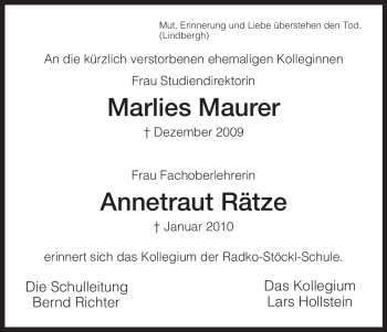 Traueranzeige von Marlies Maurer von HNA