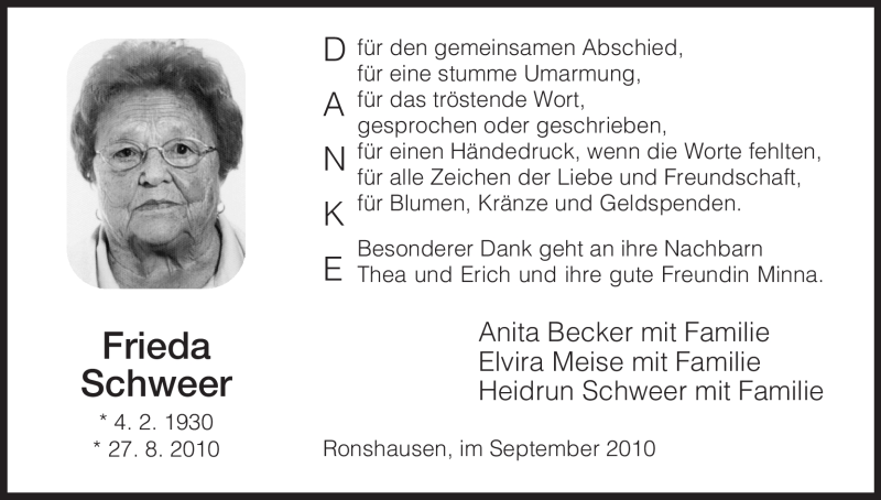  Traueranzeige für Frieda Schweer vom 18.09.2010 aus HNA