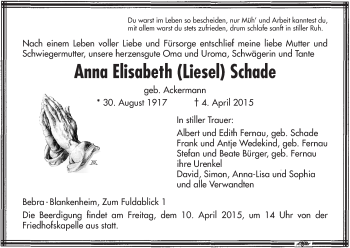 Traueranzeige von Anna Elisabeth  Schade von HNA
